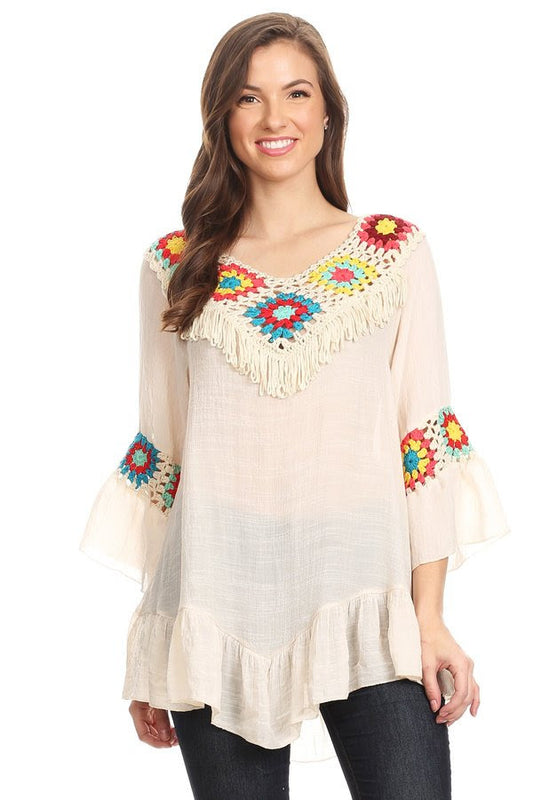 608 Beige Embroidered Crochet Top