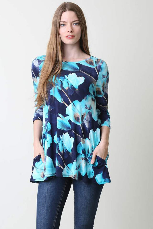 36711 Blue/Turq Printed Pocket Top w/ Criss Crossed Back