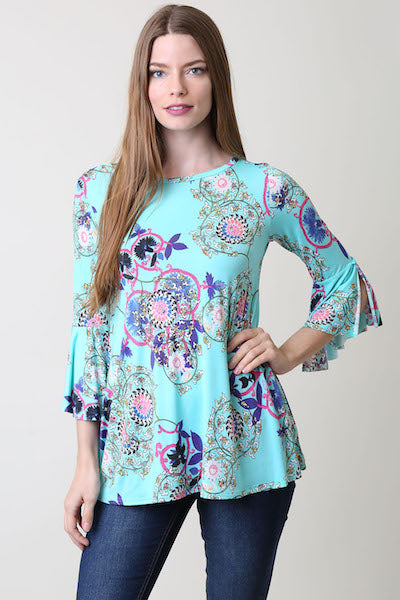 35933 Mint Floral Bell Sleeve Top