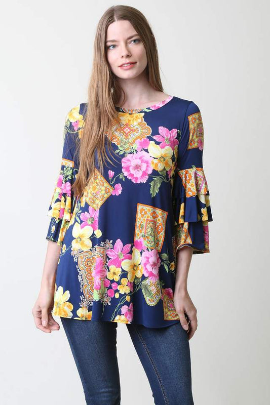 3685 Floral Ruffled Sleeved Top