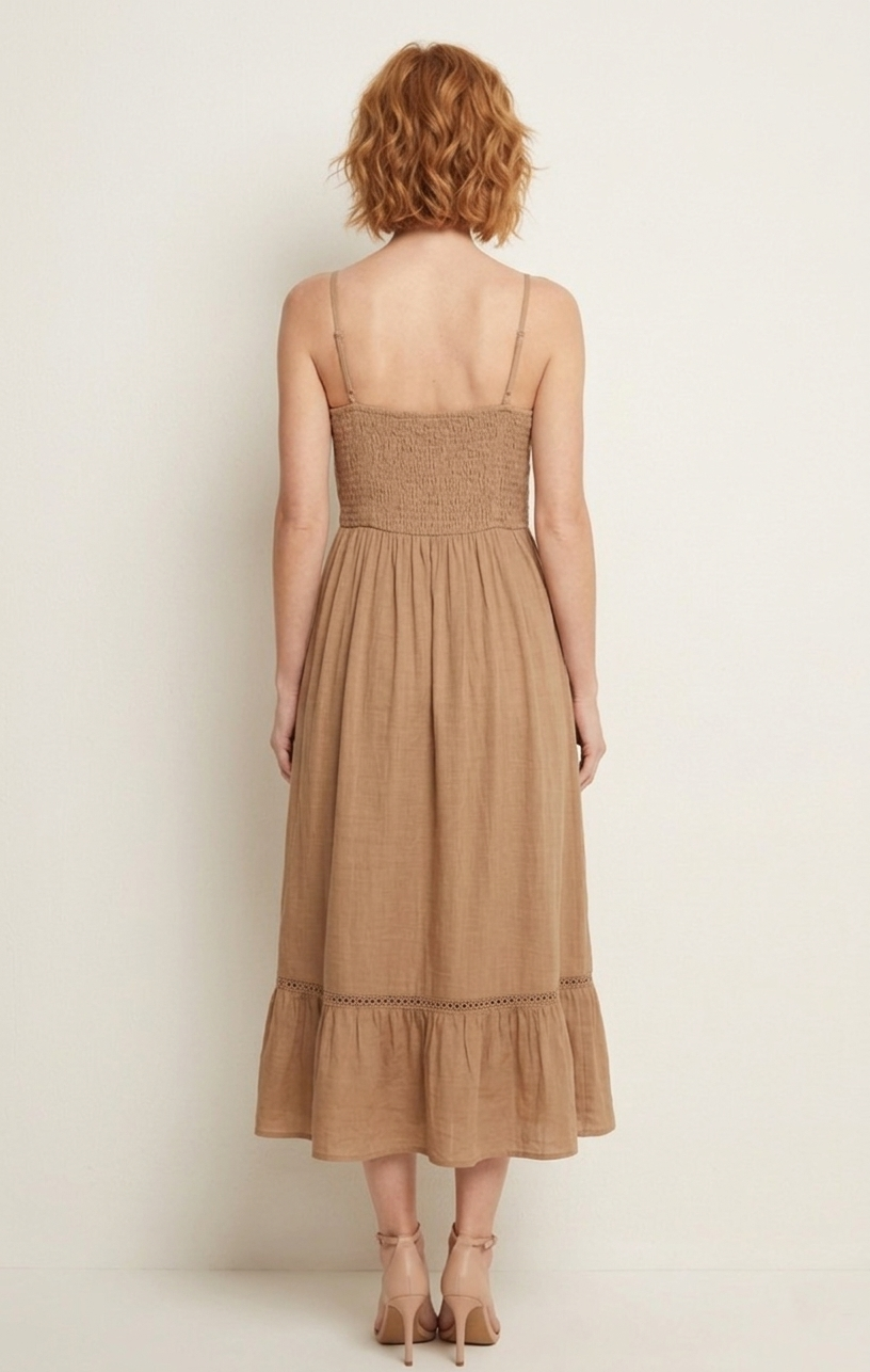 4825 Camel Dream Button-Front Lined Midi Dress