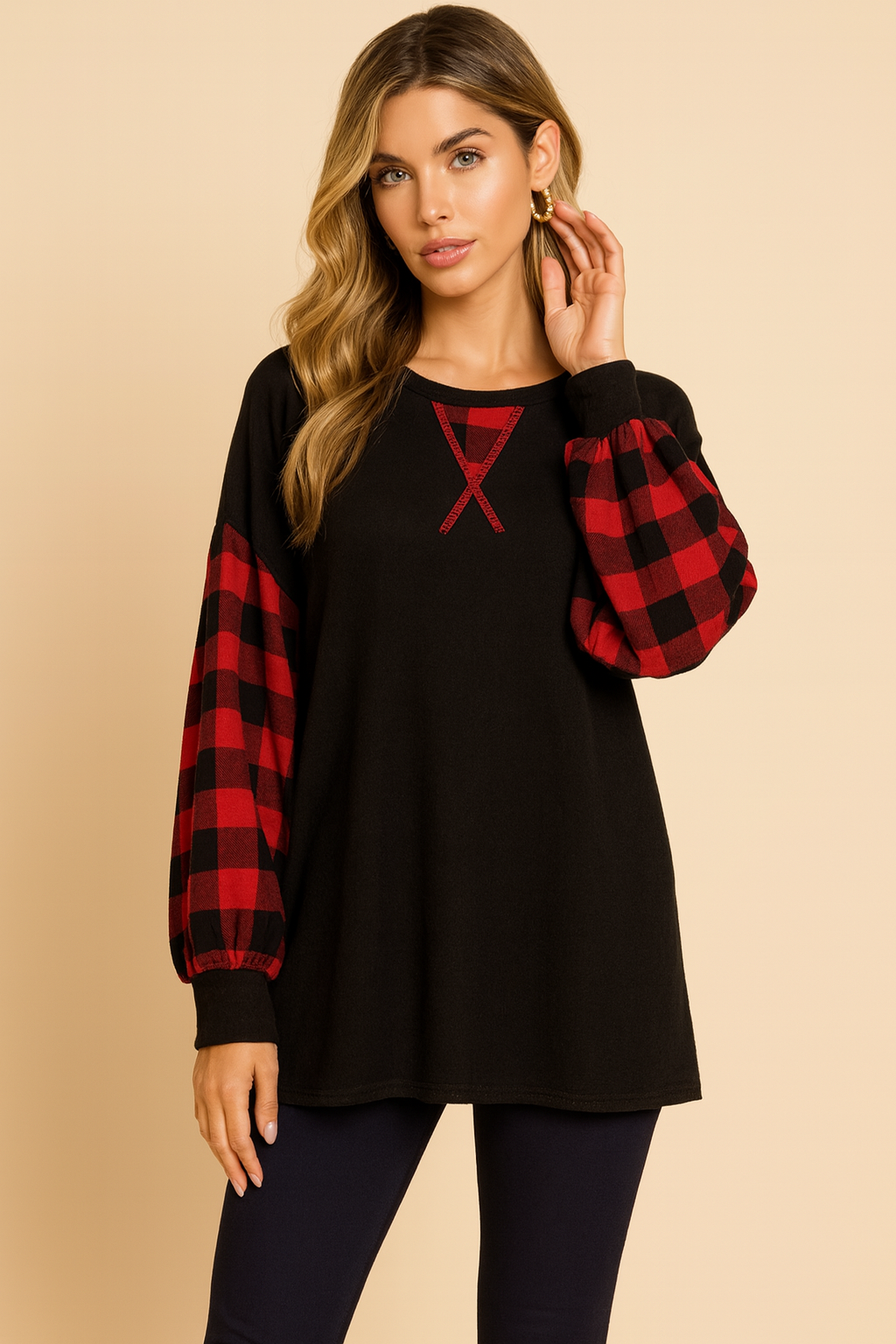 5079 Plaid Balloon Sleeve Red Black Top