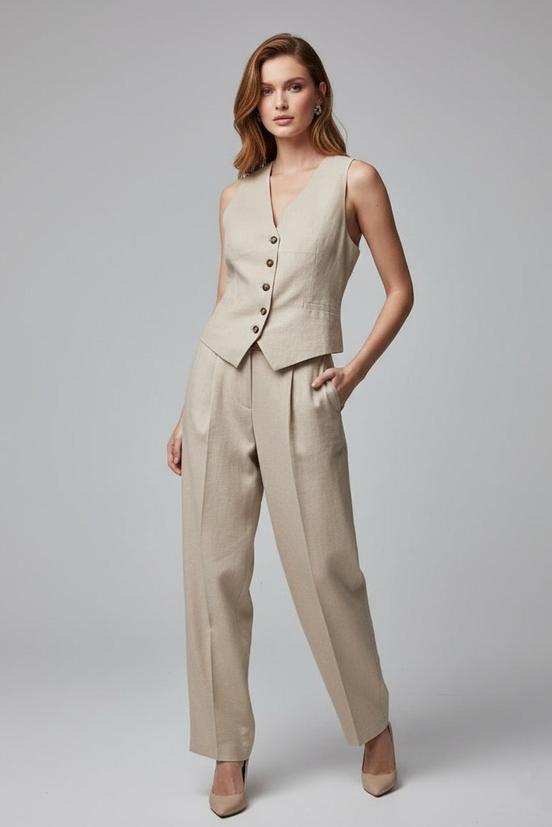 5160 Soft Beige Vest and Pants two-piece set