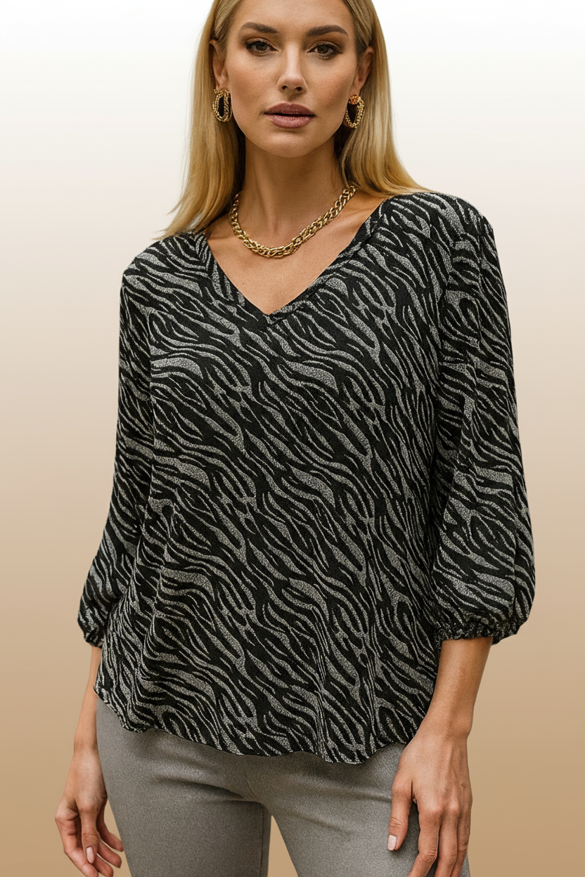 5482 Black & Silver Zebra Print V-Neck Blouse