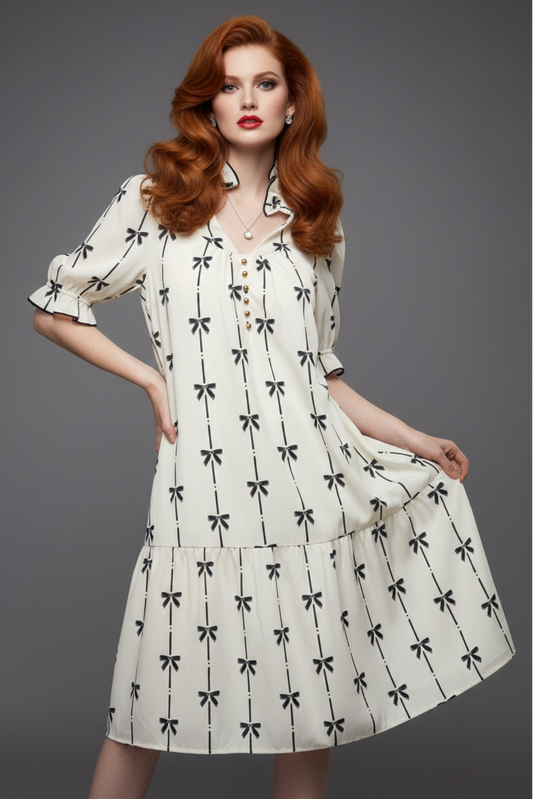 549 White and Black Romantic Bow Print Dress with side pockets