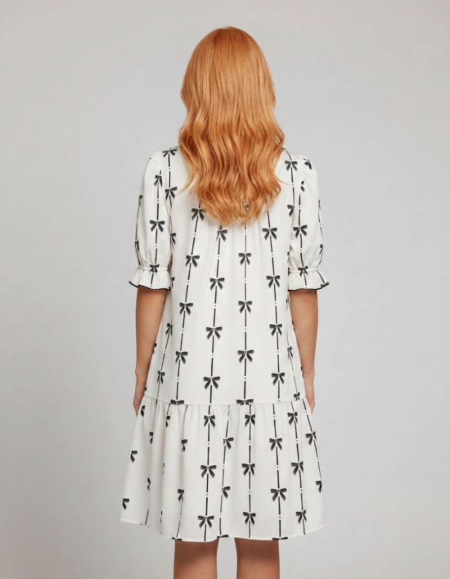 549 White and Black Romantic Bow Print Dress with side pockets