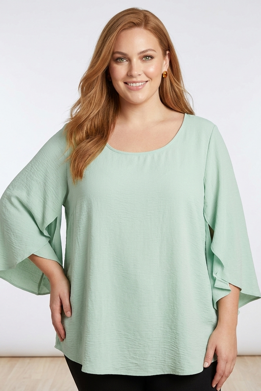 5514 Soft Sage Split Bell Sleeve Top Plus