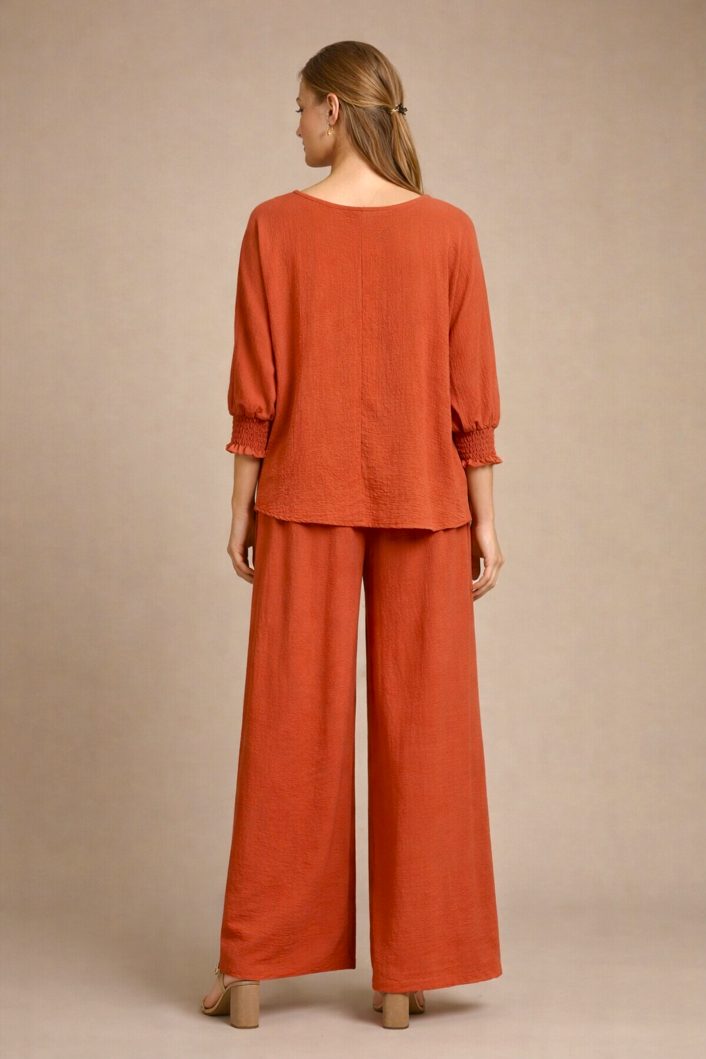 5547-S Deep Coral Smocked Sleeve Blouse and 6122 Pleated Trousers Two-Piece Set
