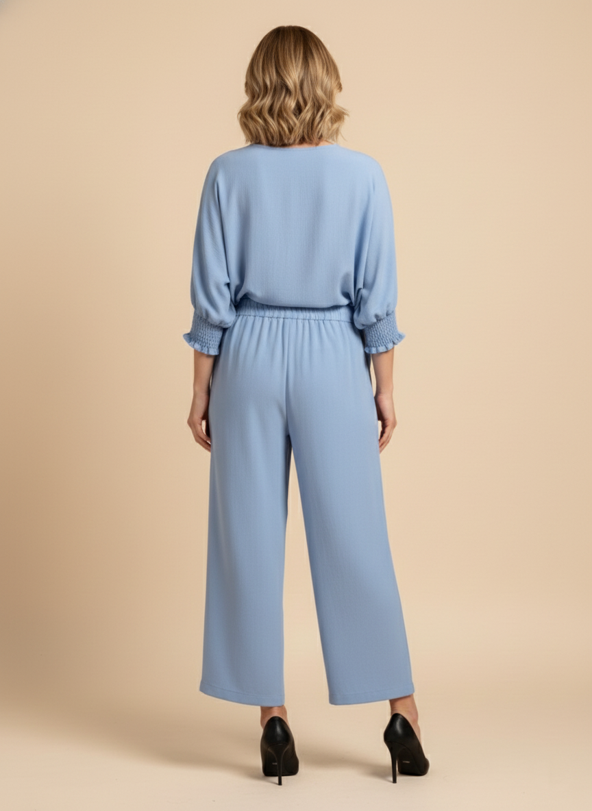 5547-S Sky Blue Smocked Sleeve Blouse and 1234 Pleated Trousers Two-Piece Set