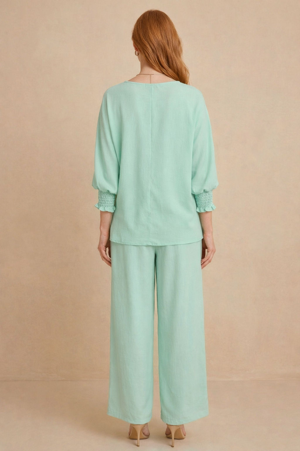 5547-S Soft Mint Green Smocked Sleeve Blouse and 1234 Pleated Trousers Two-Piece Set