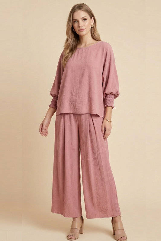 5547-S Dusty Rose Smocked Sleeve Blouse and 1234 Pleated Trousers Two-Piece Set