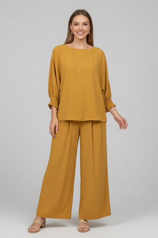 5547-S Honey Mustard Smocked Sleeve Blouse and 6122 Pleated Trousers Two-Piece Set