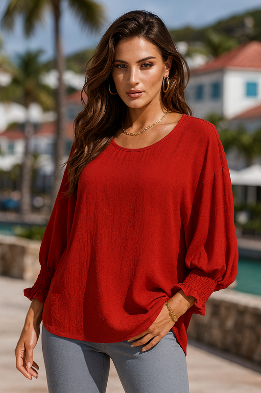 5547 Red Coral Chic Smocked Sleeve Blouse