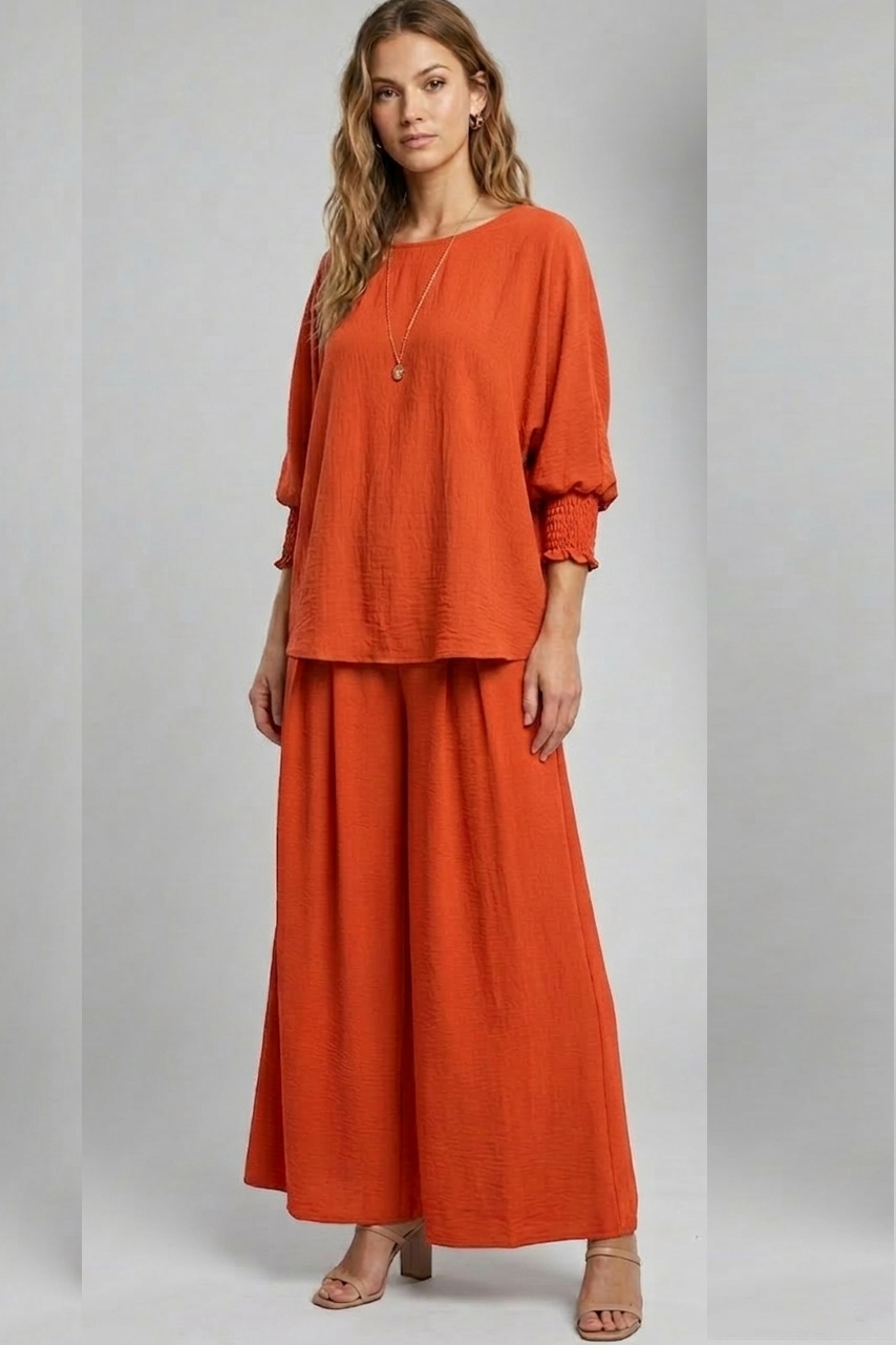 5547-S Rust Smocked Sleeve Blouse and 6122 Pleated Trousers Two-Piece Set
