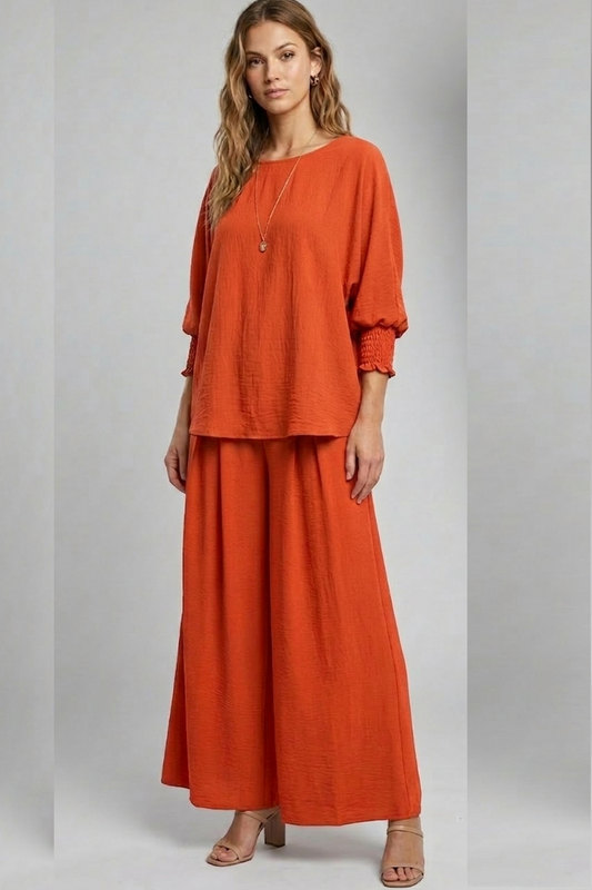 5547-S Rust Smocked Sleeve Blouse and 6122 Pleated Trousers Two-Piece Set