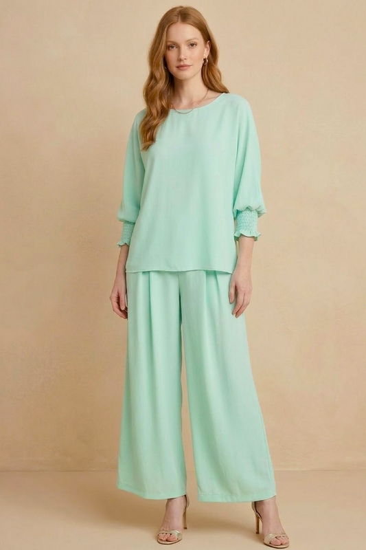 5547-S Soft Mint Green Smocked Sleeve Blouse and 1234 Pleated Trousers Two-Piece Set
