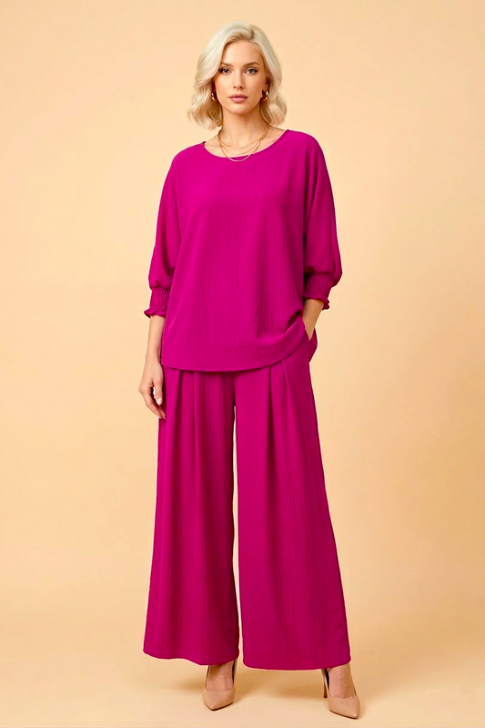 5547-S Vibrant Fuchsia Smocked Sleeve Blouse and 1234 Pleated Trousers Two-Piece Set