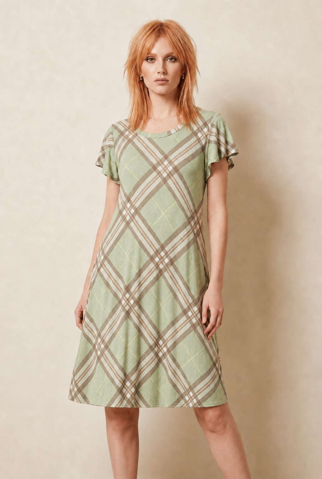 5637 Sage Charm Plaid Dress with side pockets
