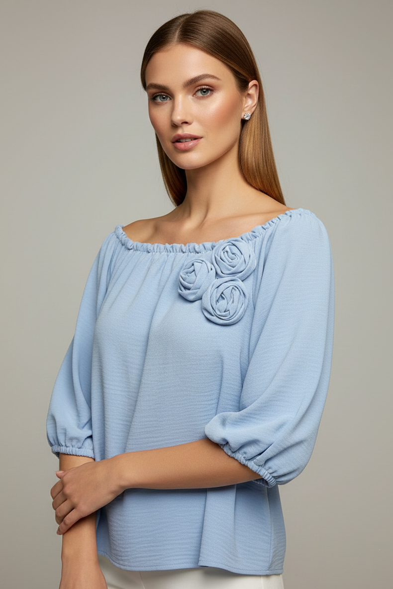 5656 Sky Blue with Flowers Appliqué Blouse