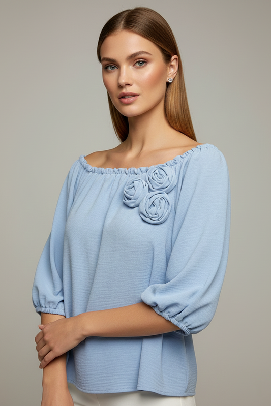 5656 Sky Blue with Flowers Appliqué Blouse