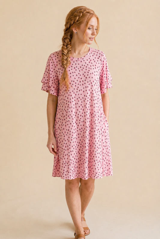 5670 Malibu Pink Polka Dress with side pockets