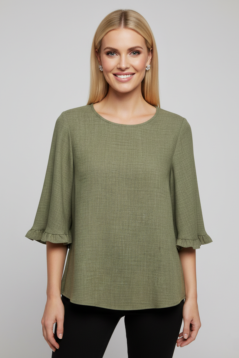 5695CC Dusty Olive Ruffle-Cuff Blouse