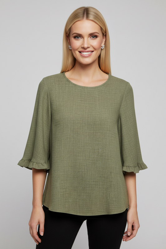 5695CC Dusty Olive Ruffle-Cuff Blouse