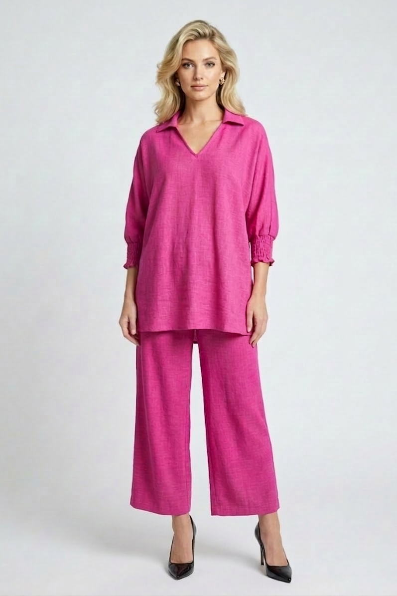 5820-S Bold Fuchsia Smocked Sleeve Blouse and Drawstring Pants Two-Piece Set