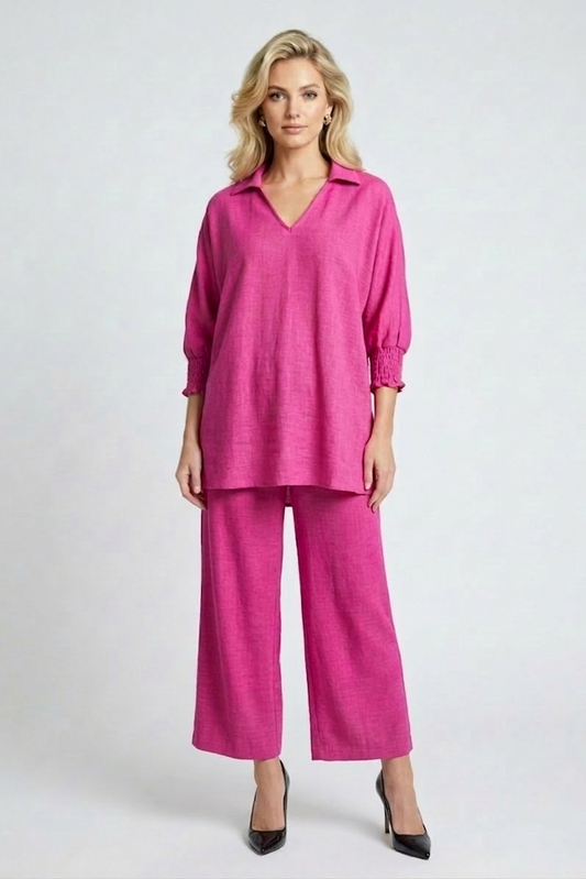 5820-S Bold Fuchsia Smocked Sleeve Blouse and Drawstring Pants Two-Piece Set