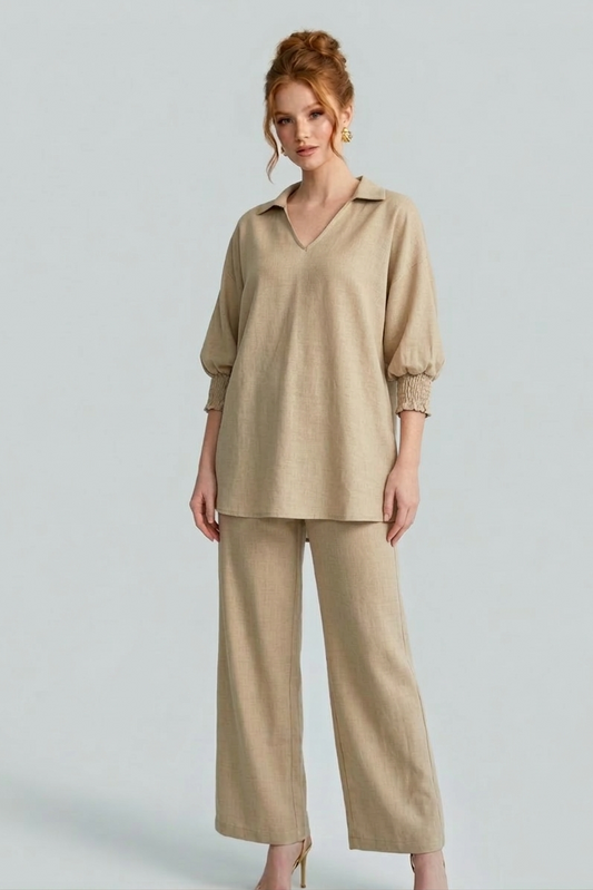 5820-S Sandy Beige Smocked Sleeve Blouse and Drawstring Pants Two-Piece Set