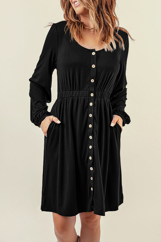 Copy of Style 1416 Black High Waisted Button Up Long Sleeve Dress