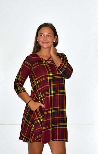 34744 Maroon Plaid Printed Pocket Dress