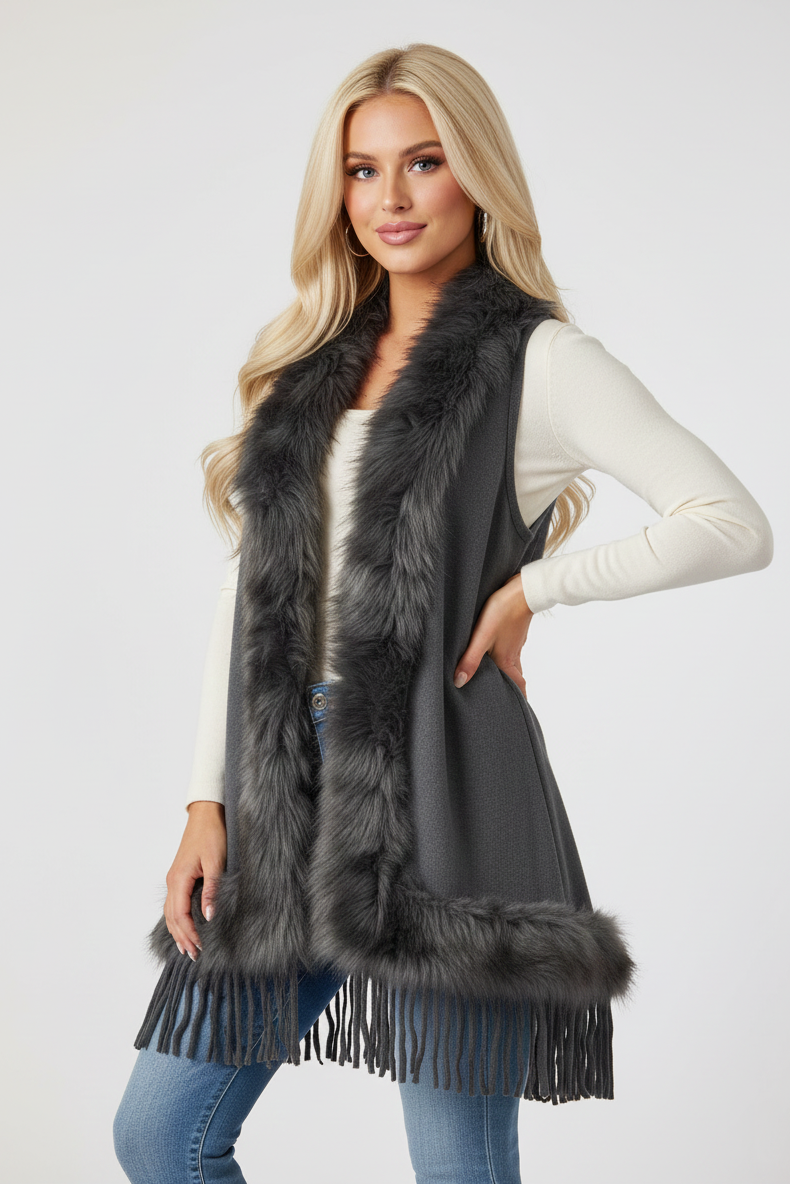 60162 Gray Boho Fringe and Faux Fur Vest