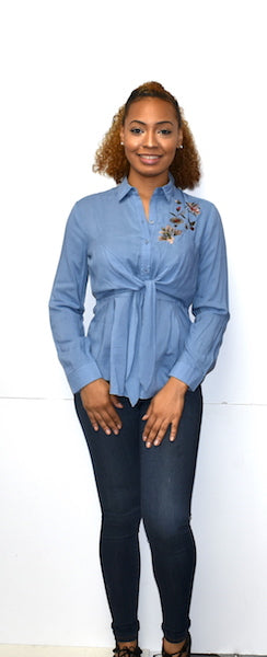 8372 Blue Embroidered Knot Front Top