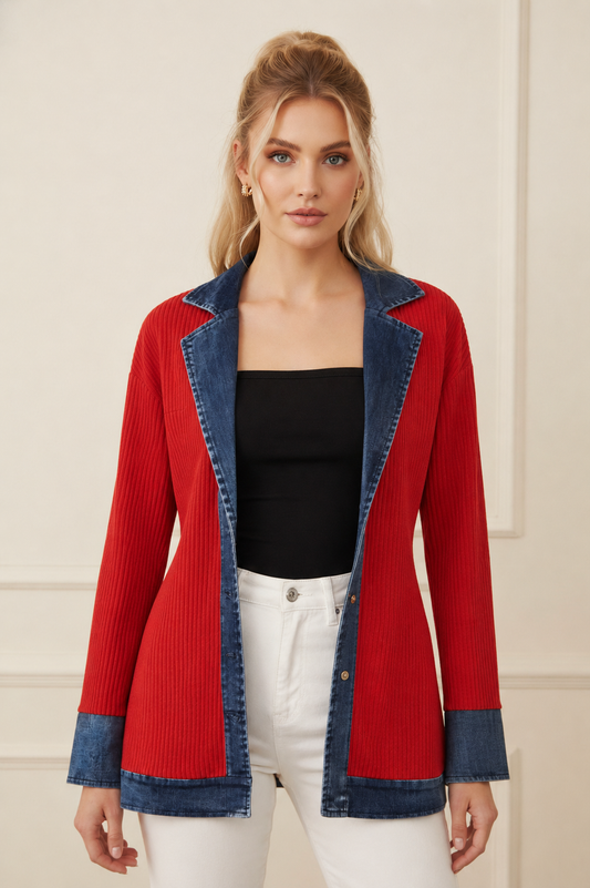 6416 Red Ribbed Denim Trim Jacket
