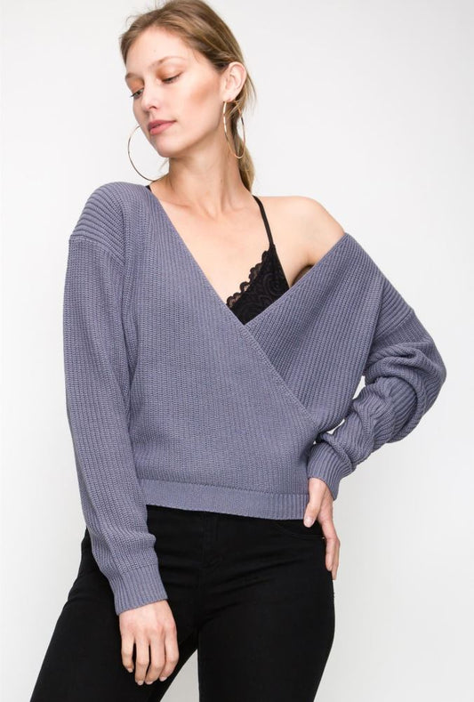 11267 Slate Blue Overlap Crossover Sweater