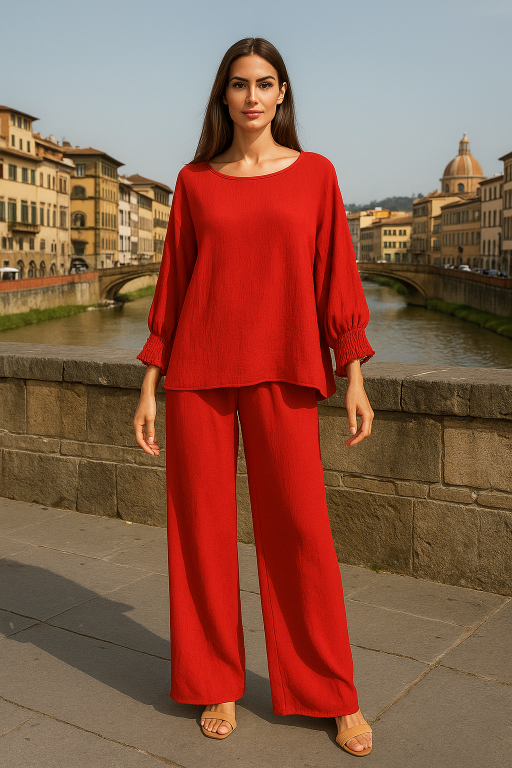 6547 Fiery Red Smocked Sleeve Blouse and 1234 Pants Two-Piece Set