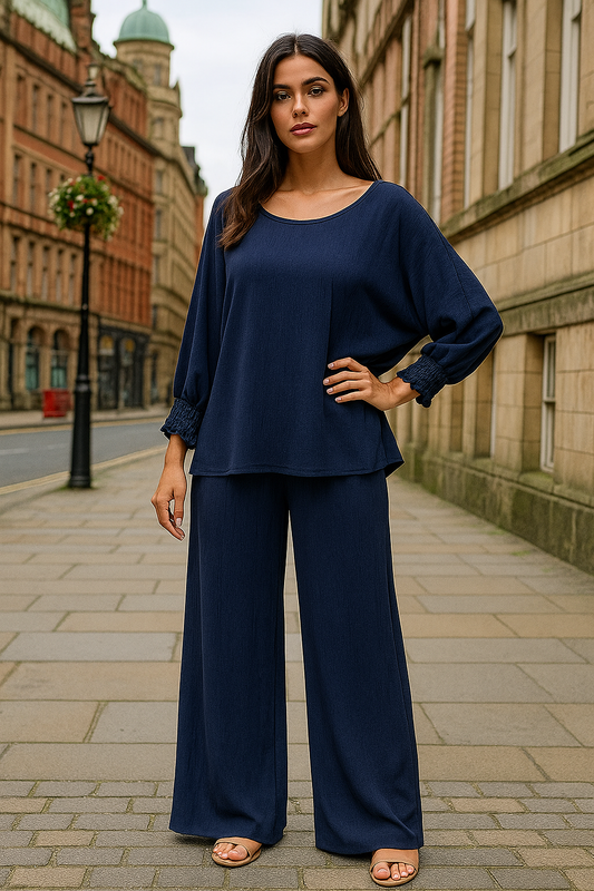 6547 Navy Blue Smocked Sleeve Blouse and 1234 Pants Two-Piece Set