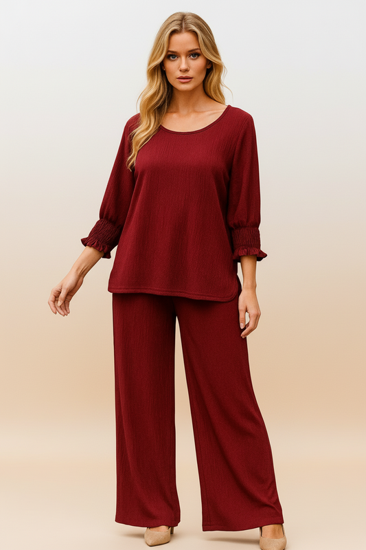 6547 Scarlet Charm Smocked Sleeve Blouse and 1234 Pants Two-Piece Set