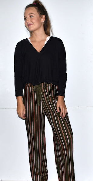 902 Olive Pleated Striped Pants