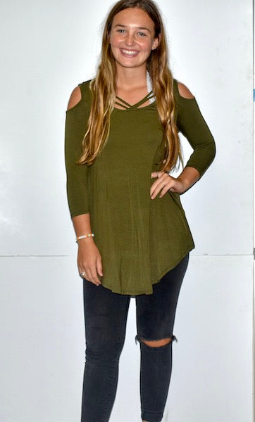 1754 Olive Criss Crossed Neck Cold Shoulder Top