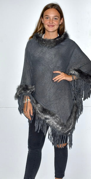 5986 Grey Fur Trimmed Poncho w/ Tassels