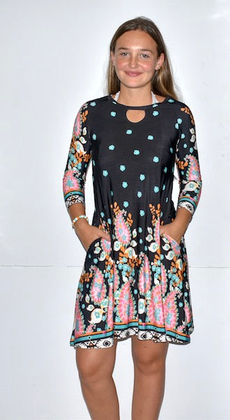 3618 Long Sleeved Print Dress w/ Pockets