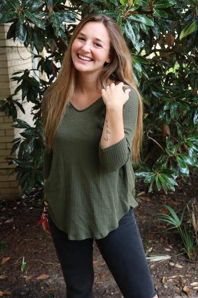 17268 Olive Green Zipper Back Waffle Top