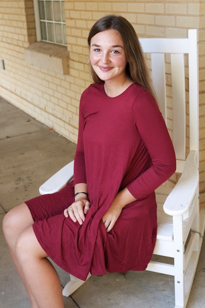 4032 Maroon Three Quarter Length Sleeve Dress