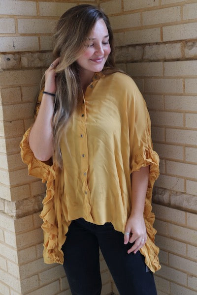 16952 Yellow Hi/Lo Oversized Ruffled Sleeve Shirt