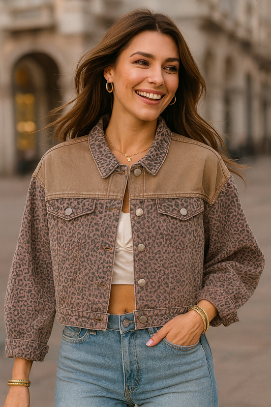 745 Khaki Leopard Print Cropped Denim Jacket