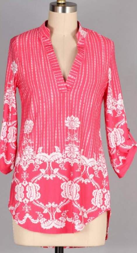 3288 Candy Pink Collar Border Print Top