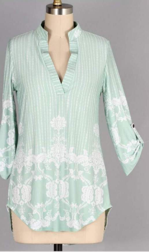 3288 Mint Collar Border Print Top