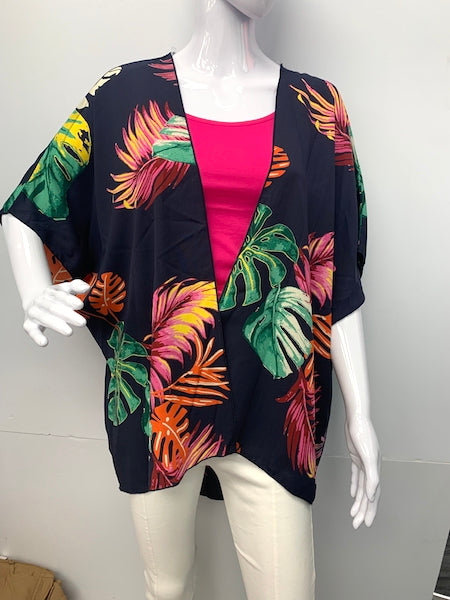 17328 Navy Leaf Patterned Kimono